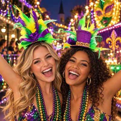MARDI GRAS LED MINI HAT ON HEADBAND WITH FEATHERS