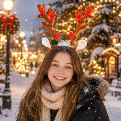 LED FLASHING REINDEER HEADBAND WITH JINGLE BELLS