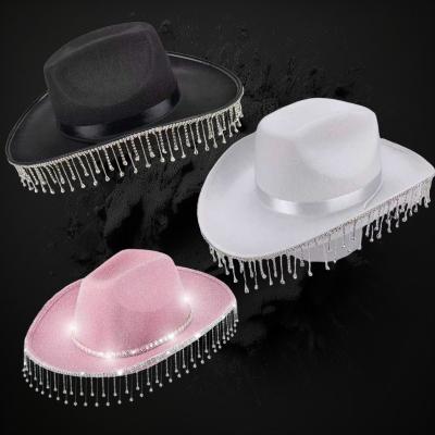 LED FLASHING ASSORTED PINK/WHITE/BLACK COWBOY HAT WITH HANGING DIAMOND FRINGE