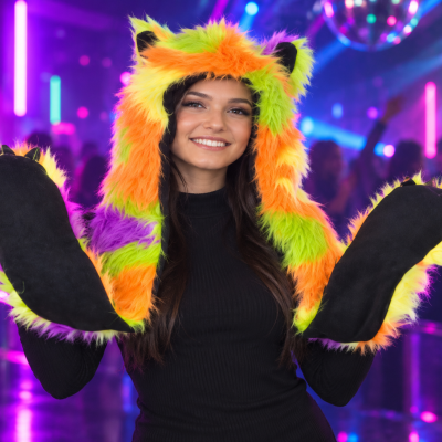 FUZZY GREEN/PURPLE AND GOLD ANIMAL HAT