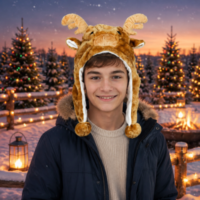 SHORT PLUSH REINDEER STYLE ANIMAL HAT
