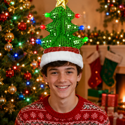 LED FLASHING PLUSH CHRISTMAS TREE HAT