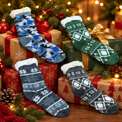ASSORTED STYLE PLUSH FUZZY WINTER SOCKS WITH RUBBER GRIP