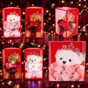 11" LED Bouquet with Plush Bear Assorted Pink/Red