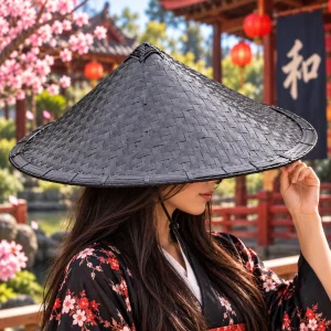 Black Conical Traditional Asian Style Bamboo Hat