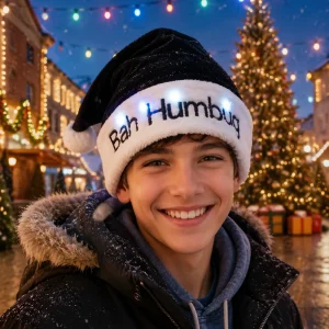 Flashing Bah Humbub Black Santa Hat