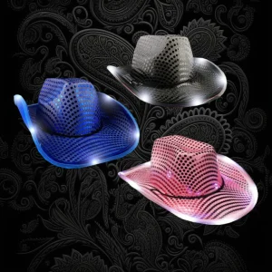 Flashing Sequin Cowboy Hat With Light Up Brim Assorted Pink,Silver, White