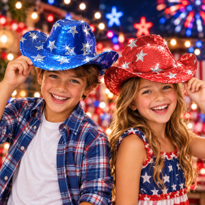 Flashing Sequin Star Cowboy Hats - Black/Blue/Red Assorted