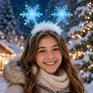 LED Blue Flashing Snowflake Bopper Headband With Blue Feathers