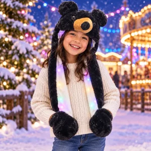 LED Flashing Plush Black Bear Hat With Moving Ears