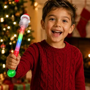 LED Multi-Color Gliter Wand With Santa Topper And Small Prismatic Ball On