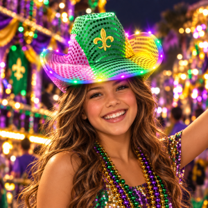 Sequin LED Cowboy Hat Mardi Gras Colors With Fleur De Lis